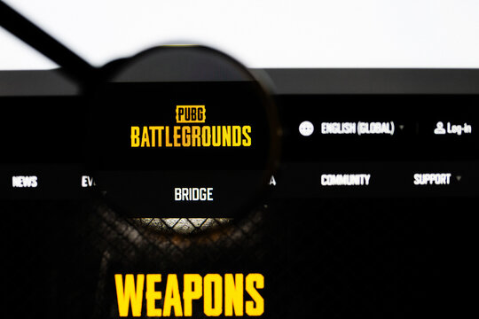 Milan, Italy 2026, 20 Apr Closeup of PUBG Battlegrounds website on a laptop screen. PUBG Battlegrounds logo under a magnifying glass.