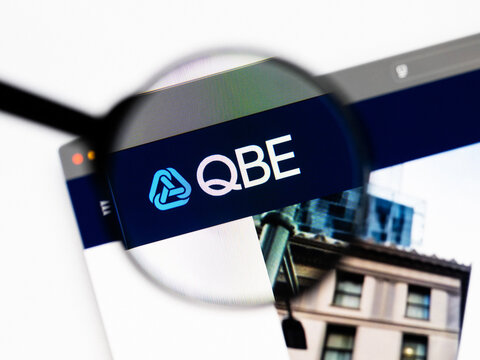 Milan, Italy 2026, 20 Apr Closeup of QBE Insurance Group website on a laptop screen. QBE Insurance Group logo under a magnifying glass.