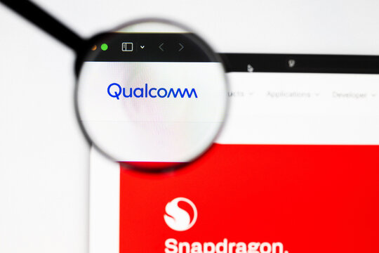 Milan, Italy 2026, 20 Apr Closeup of Qualcomm website on a laptop screen. Qualcomm logo under a magnifying glass.
