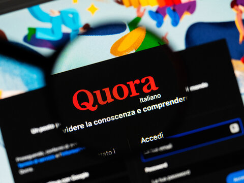 Milan, Italy 2026, 20 Apr Closeup of Quora website on a laptop screen. Quora logo under a magnifying glass.