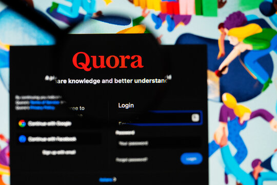 Milan, Italy 2026, 20 Apr Closeup of Quora website on a laptop screen. Quora logo under a magnifying glass.