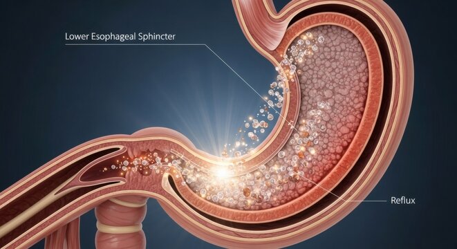 Anatomical illustration of the human esophagus showing acid reflux and the lower esophageal sphincter
