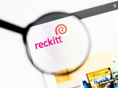 Milan, Italy 2026, 20 Apr Closeup of Reckitt Benckiser Group website on a laptop screen. Reckitt Benckiser Group logo under a magnifying glass.