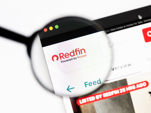 Milan, Italy 2026, 20 Apr Closeup of redfin website on a laptop screen. redfin logo under a magnifying glass.