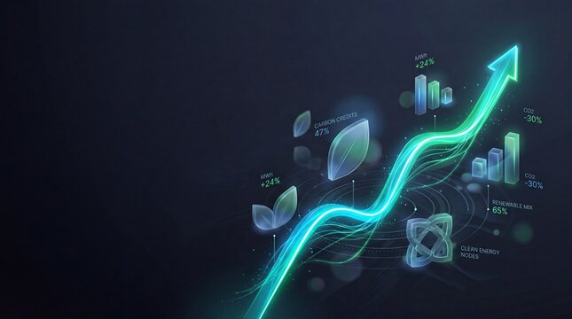 Sustainable energy growth concept with glowing arrow chart showing renewable mix carbon credits and CO2 reduction metrics