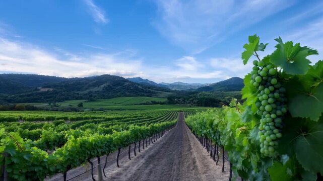 Beautiful lush green vineyard landscape with fresh growing grapes in foreground and rolling agricultural hills under a blue summer sky