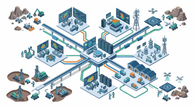 Modern technology network infrastructure and data flow illustration.