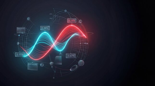 Financial data visualization concept with glowing red and blue waveforms on dark background showing bond maturity percentages