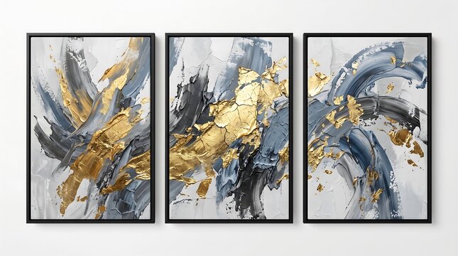 Exquisite three panel triptych wall art set featuring dynamic abstract oil painting with blue gray brushstrokes and textured metallic gold foil accents
