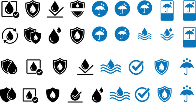 Waterproof and water‑resistant icon illustration collection featuring droplet graphics, shield symbols, umbrella elements, moisture protection designs, and durability concepts