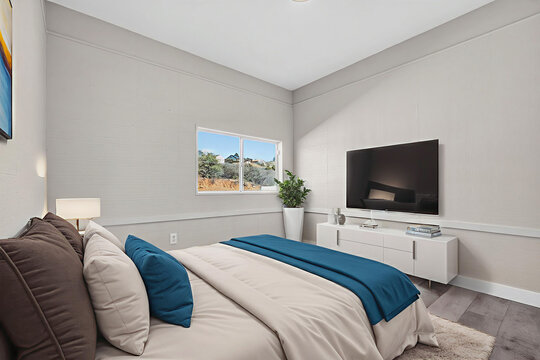 Cozy modern bedroom with blue accents