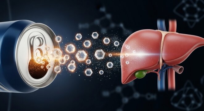 A medical illustration of a soda can releasing toxic molecules towards a human liver and gallbladder on a dark background with molecular structures.