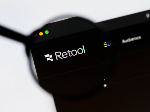 Milan, Italy 2026, 20 Apr Closeup of Retool AI website on a laptop screen. Retool AI logo under a magnifying glass.