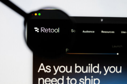 Milan, Italy 2026, 20 Apr Closeup of Retool AI website on a laptop screen. Retool AI logo under a magnifying glass.