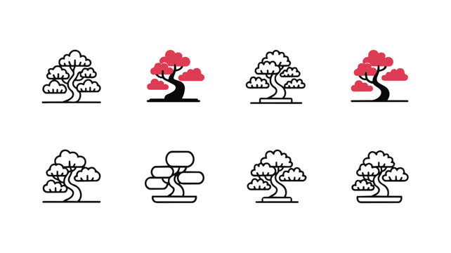 bonsai tree icons in outline and color style Vector