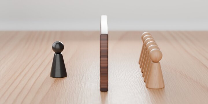 dividing wall between 2 different coloured 3d pawn figurines, social division