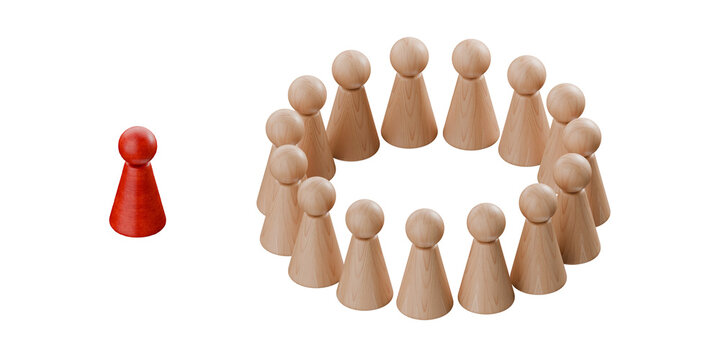3d pawn figurines in a group, with one isolated, social exclusion, ostracise, group of people ostracising another person on their own, social outcast