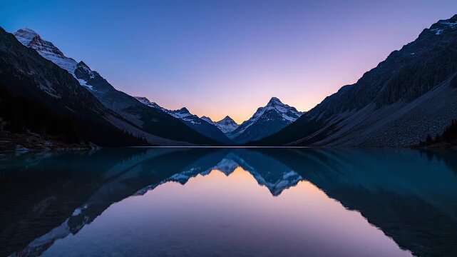 Serene Alpine Lake at Dusk: Majestic snow-capped mountains flank a tranquil alpine lake, its glassy surface perfectly mirroring the serene blue and purple hues of the twilight sky.