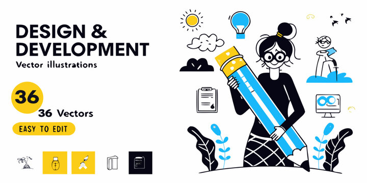 Woman Holding Large Pencil Flat Vector Illustration For Design Development