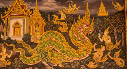 Obraz premium VibrantTraditionalDragonMuralWithMythicalFiguresAndTemples