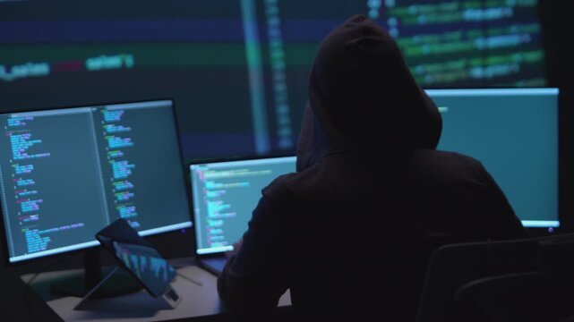 Anonymous Hacker Programming on Multiple Monitors in a Cybersecurity Context