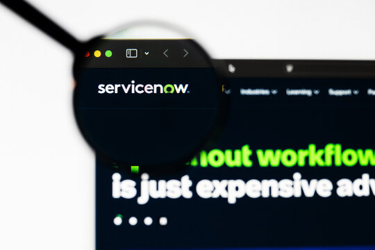 Milan, Italy 2026, 20 Apr Closeup of ServiceNow AI website on a laptop screen. ServiceNow AI logo under a magnifying glass.