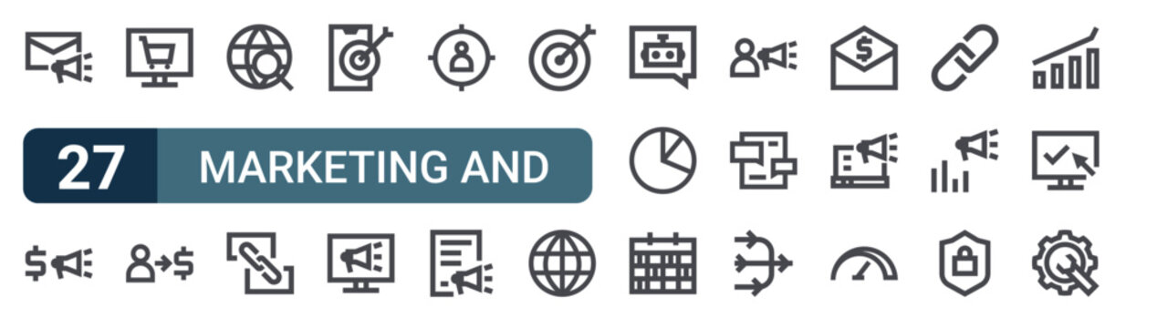 27 Marketing and SEO line icons set. Modern outline symbols including email marketing, paid advertising, e commerce, conversion rate, search engine for digital design