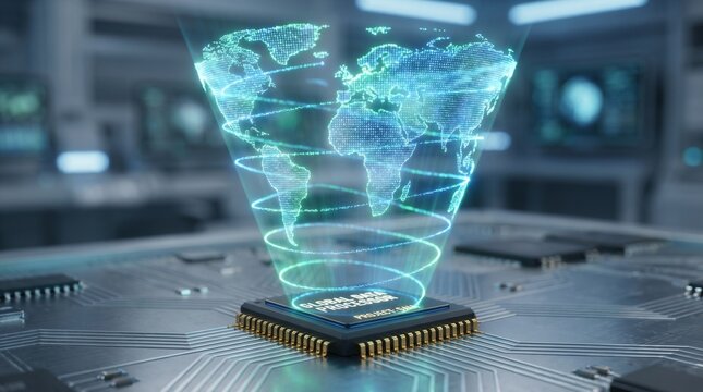 Holographic world map projecting from global data processor chip
