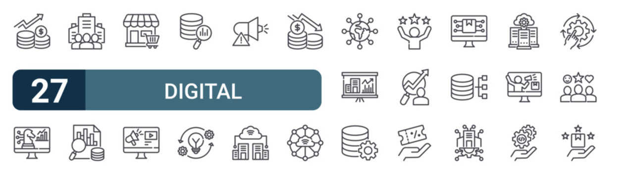 27 Digital Transformation line icons set. Modern outline symbols including money profit, digital strategy, company, big data analytics, marketplace for digital design