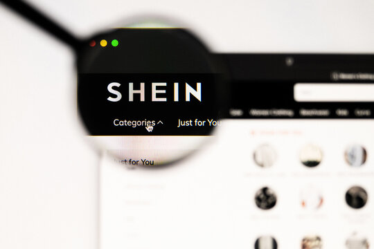 Milan, Italy 2026, 20 Apr Closeup of Shein website on a laptop screen. Shein logo under a magnifying glass.