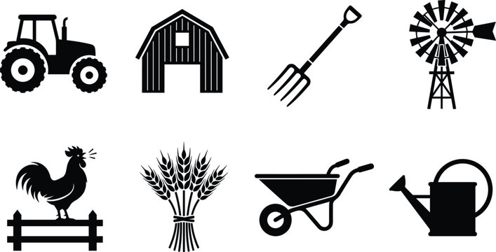 Black and white farm icons set featuring tractor, barn, pitchfork, windmill, rooster, wheat, wheelbarrow, and watering can for agricultural design.