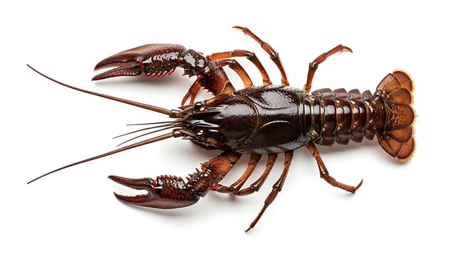 Fresh raw crayfish with dark brown shell and red claws isolated on white.