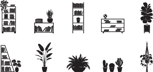 Black silhouette bookshelves with plants bookshelf. silhouette vector set © Misho x Mamun