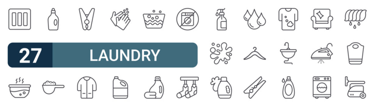 27 Laundry line icons set. Modern outline symbols including drip dry, soak, laundry, washing powder, clothes peg for digital design