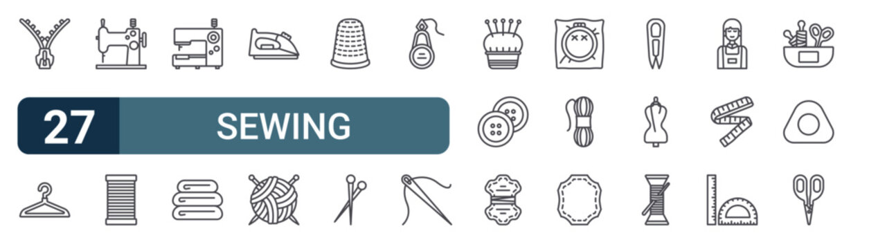 27 Sewing line icons set. Modern outline symbols including from sewing collection, hanger, sewing hine, spool of thread, sewing hine for digital design