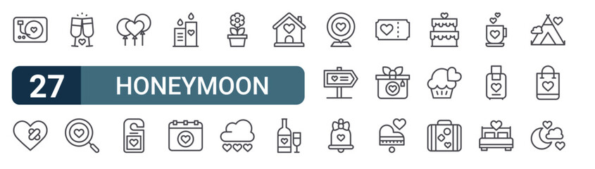 27 Honeymoon line icons set. Modern outline symbols including romantic music, heart, champagne, search, balloon for digital design © Isabella
