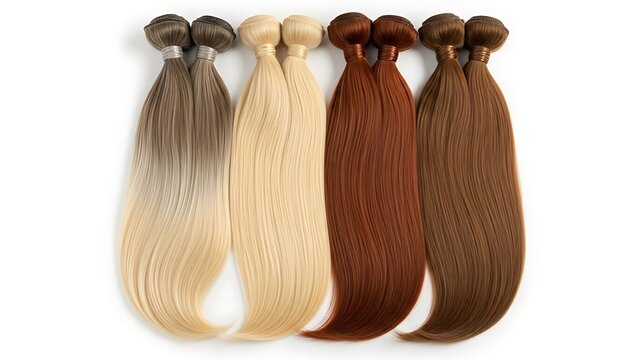 Collection of assorted colors of straight hair extension bundles isolated on white background.