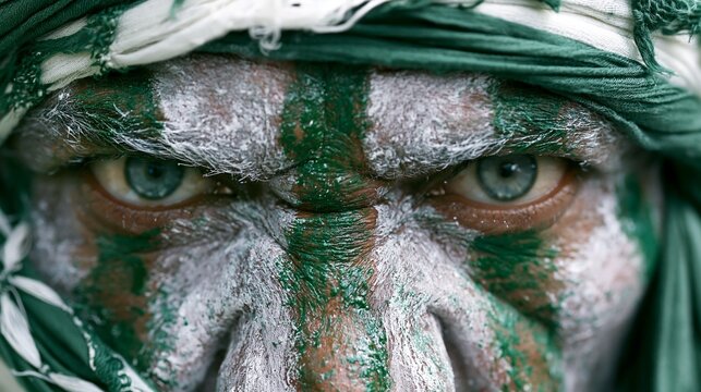 An intense extreme closeup of an Algeria football supporter with their face painted in bold green and white expressing unwavering enthusiasm and deep loyalty to their team.
