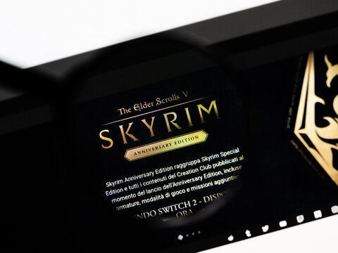 Milan, Italy 2026, 20 Apr Closeup of Skyrim website on a laptop screen. Skyrim logo under a magnifying glass.