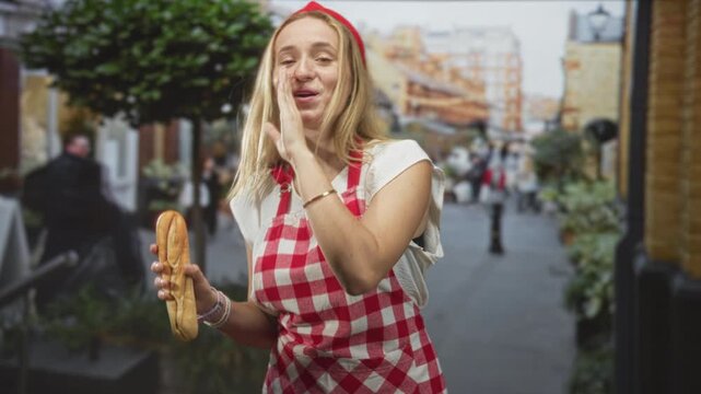 Woman chef, blonde in a red checkered apron holding bread roll, hand cupped to mouth calling to passersby on a street; warmth joy.