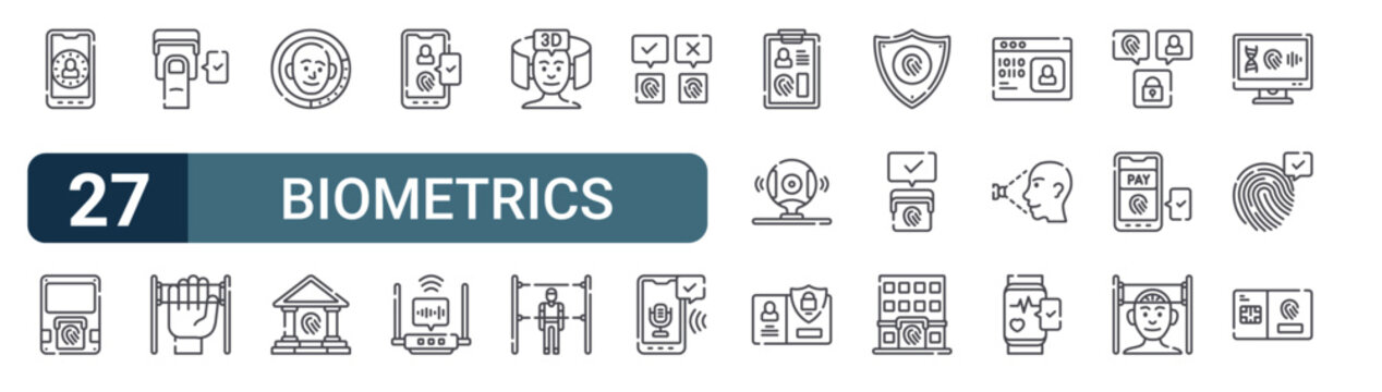 27 Biometrics line icons set. Modern outline symbols including face unlock, fingerprint scanner, fingerprint scanning, palm scanner, facial recording for digital design