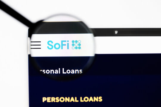 Milan, Italy 2026, 20 Apr Closeup of sofi website on a laptop screen. sofi logo under a magnifying glass.