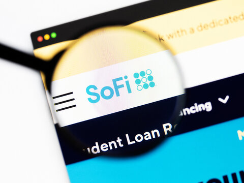 Milan, Italy 2026, 20 Apr Closeup of sofi website on a laptop screen. sofi logo under a magnifying glass.