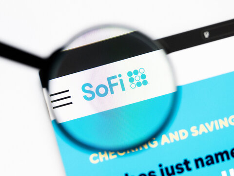 Milan, Italy 2026, 20 Apr Closeup of sofi website on a laptop screen. sofi logo under a magnifying glass.