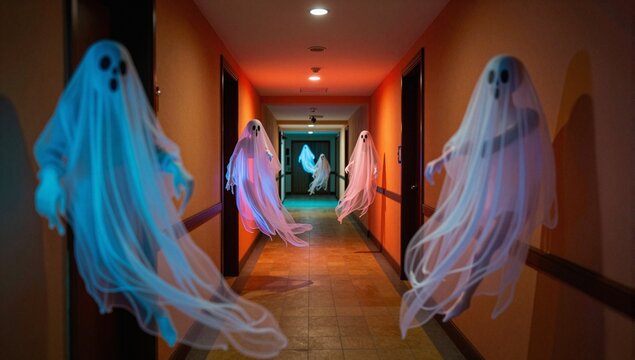 Haunted hallway filled with glowing, spooky ghosts.