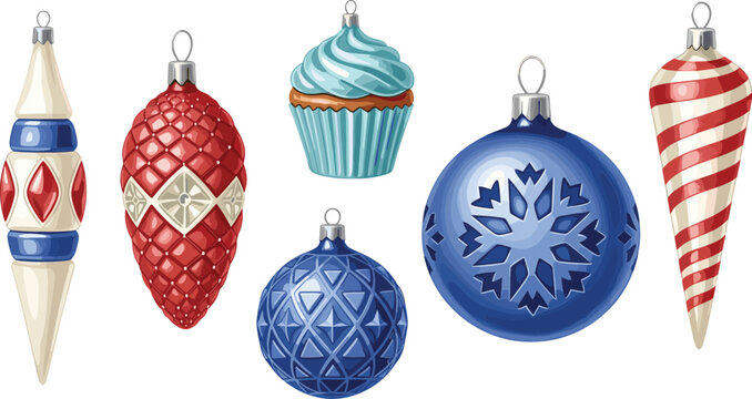 Vintage Christmas Bauble Ornament Vector Set Featuring Red and Blue Snowflake Balls, Finials, and Cupcake Baubles for Festive Holiday Greeting Card Designs