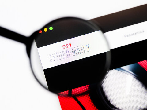 Milan, Italy 2026, 20 Apr Closeup of Spider-man 2 Marvel website on a laptop screen. Spider-man 2 Marvel logo under a magnifying glass.