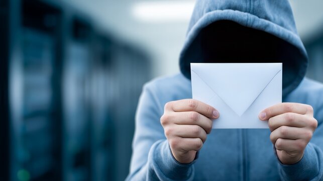 Person in Blue Hoodie Holding Envelope Covering Face in Urban Environment