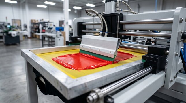 A large industrial screen printing machine with a red and yellow screen operates in a modern factory setting with various equipment.