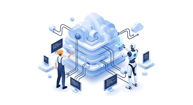 Isometric illustration of a human engineer and a robot working together on cloud computing infrastructure and data management